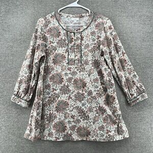 J Jill Tunic Top Women Size Small White Floral 3/4 Sleeve Casual